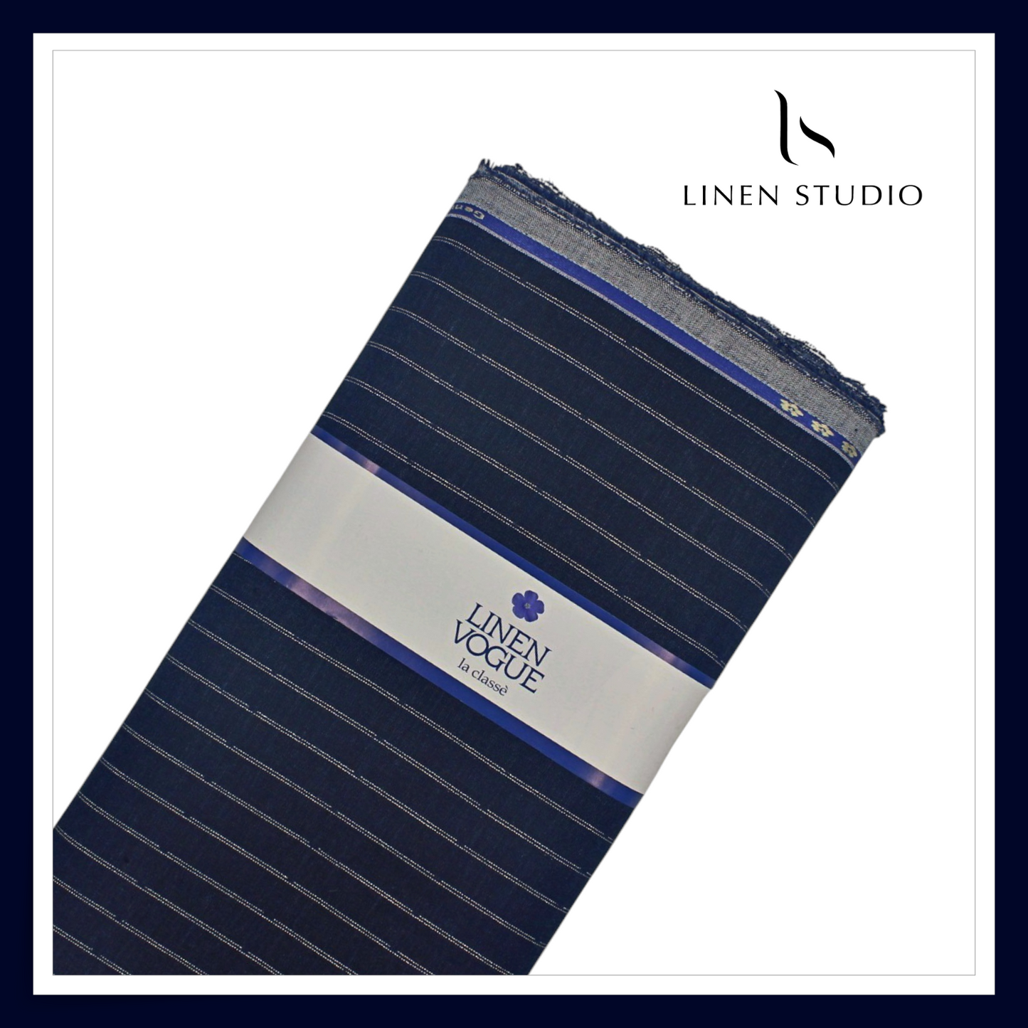 70 Lea Pure Linen Shirting by Linen Monde - Dark Blue with Silver Zari Stripes (NEW) (Zoom In)