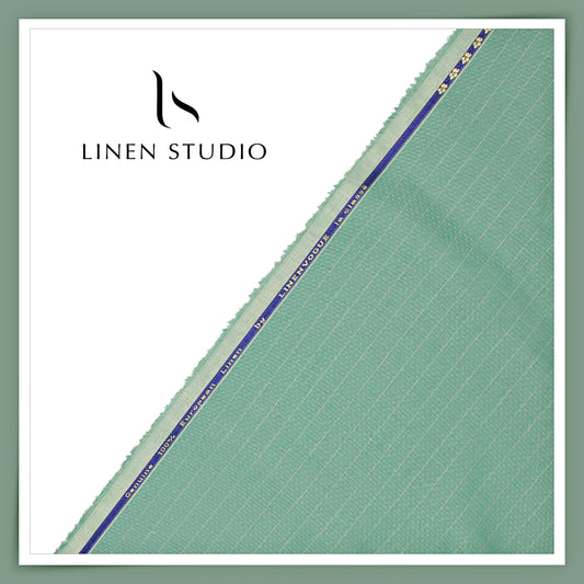 70 Lea Pure Linen Shirting by Linen Vogue - Viridian Green with Silver Zari Stripes (NEW) (Zoom In)