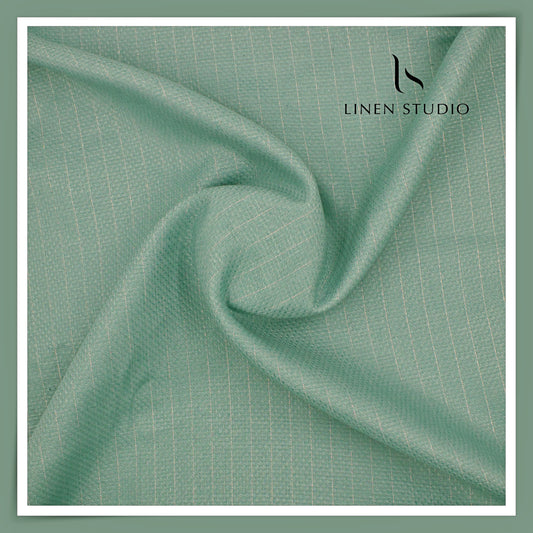 70 Lea Pure Linen Shirting by Linen Vogue - Viridian Green with Silver Zari Stripes (NEW) (Zoom In)