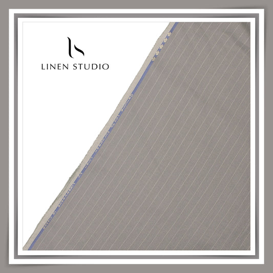 70 Lea Pure Linen Shirting by Linen Vogue - Grey with Mild Silver Zari Stripes (NEW) (Zoom In)