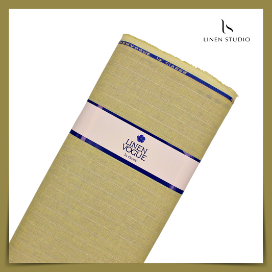 70 Lea Pure Linen Shirting by Linen Vogue - Dark Beige with Silver Zari Stripes (NEW) (Zoom In)