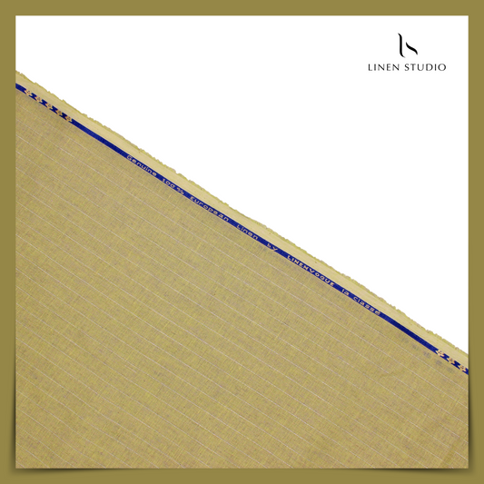 70 Lea Pure Linen Shirting by Linen Vogue - Dark Beige with Silver Zari Stripes (NEW) (Zoom In)