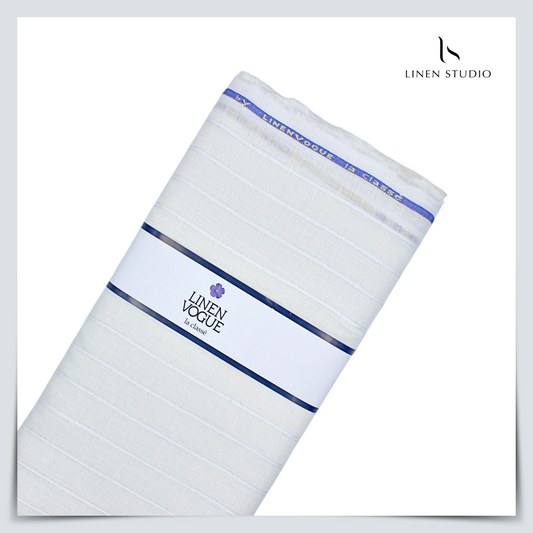 70 Lea Pure Linen Shirting by Linen Vogue - White with Silver Zari Stripes (NEW) (Zoom In)