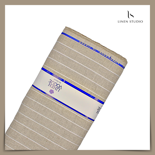 70 Lea Pure Linen Shirting by Linen Vogue - Cement Natural with Silver Zari Stripes (NEW) (Zoom In)