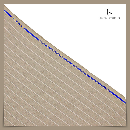 70 Lea Pure Linen Shirting by Linen Vogue - Cement Natural with Silver Zari Stripes (NEW) (Zoom In)