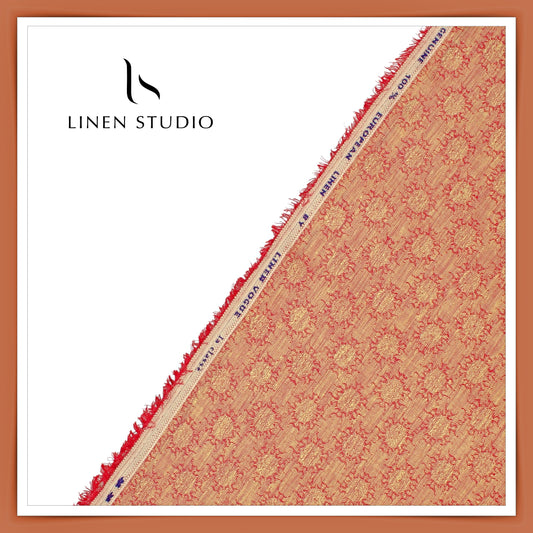 Pure Linen Jacquard Shirting by Linen Vogue - Salmon Sun (50% SALE)