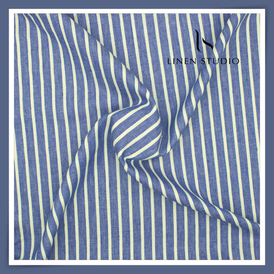 40 Lea Pure Linen Suiting by Linen Vogue - Blue with White Broad Stripes (NEW) (Limited Stock!)