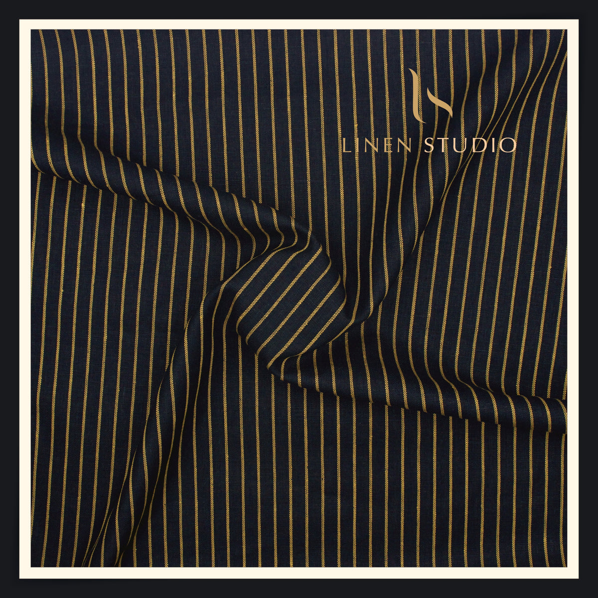40 Lea Pure Linen Premium Suiting by Linen Vogue - Dark Blue Golden Stripes (65% OFF - FLAT RATE)