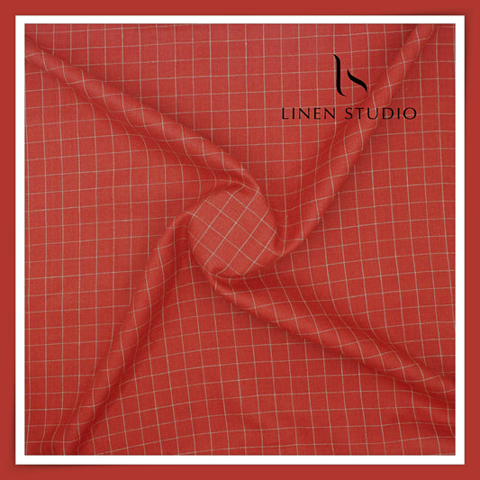 40 Lea Pure Linen Suiting by Linen Vogue - Dull Red with White Checks (NEW) (Limited Stock!)