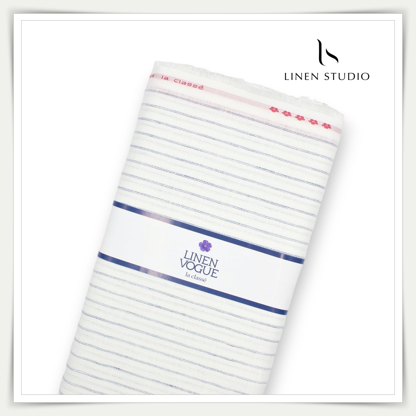 Linen Vogue 70 Lea Shirting - White with Blue Stripes - Linen Studio