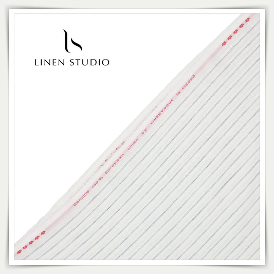 Linen Vogue 70 Lea Shirting - White with Blue Stripes - Linen Studio