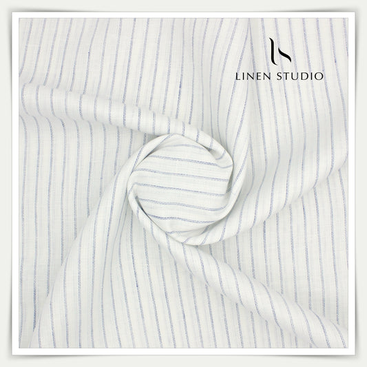 Linen Vogue 70 Lea Shirting - White with Blue Stripes - Linen Studio