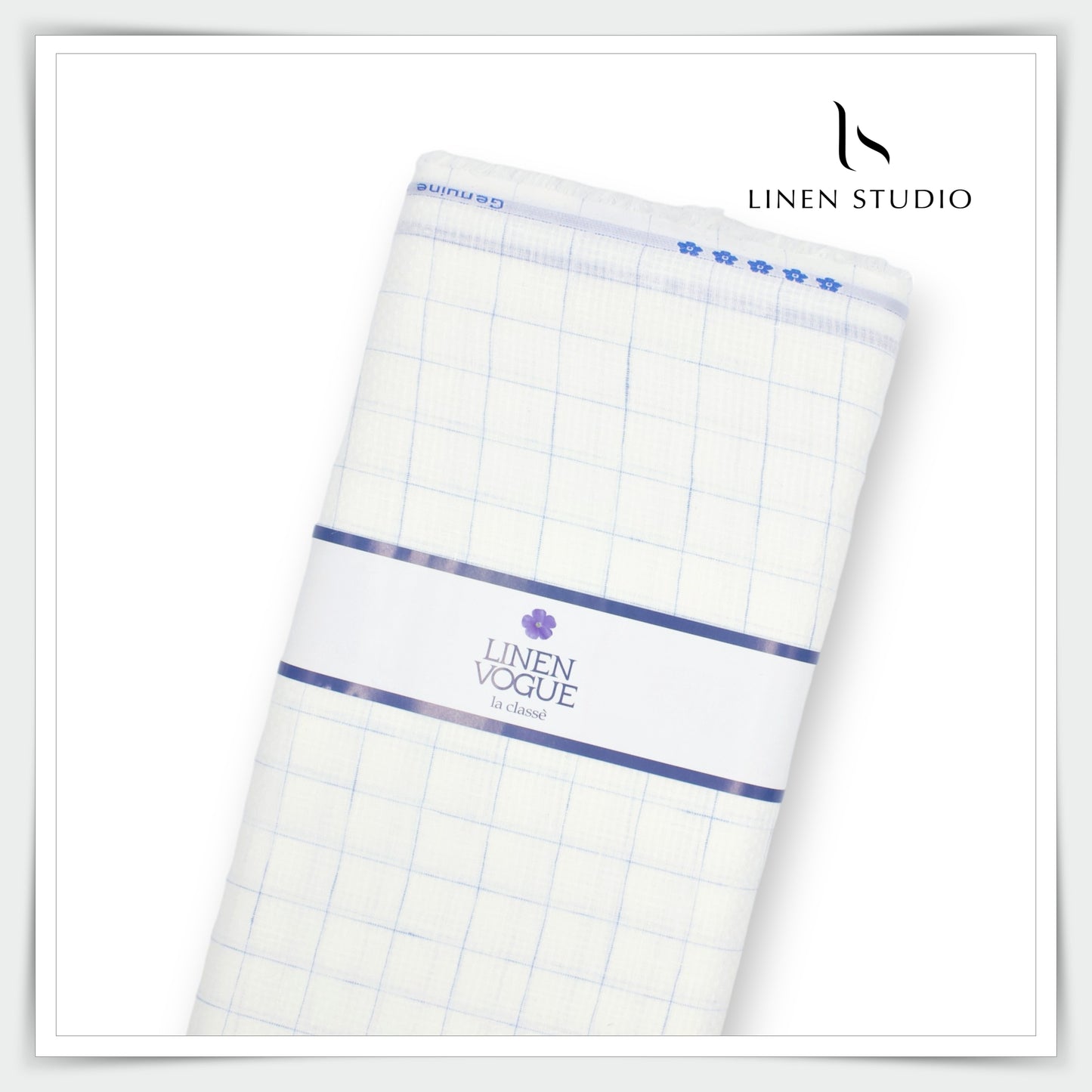 Linen Vogue 70 Lea Shirting - White Dobby Blue Checks (zoom in) - Linen Studio