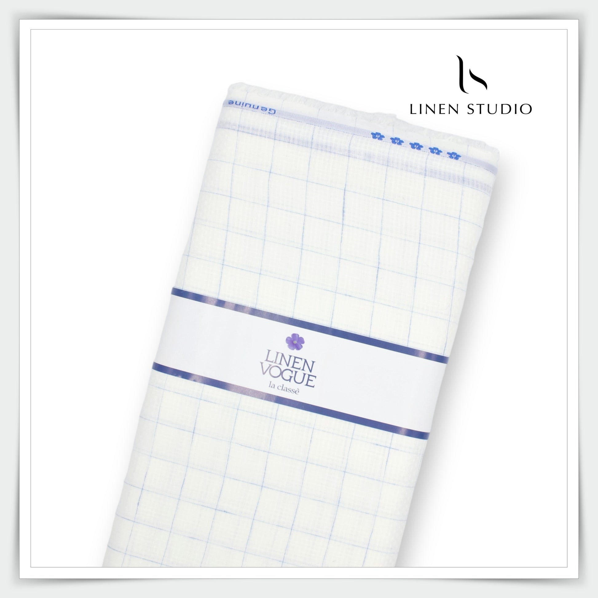Linen Vogue 70 Lea Shirting - White Dobby Blue Checks (zoom in) - Linen Studio