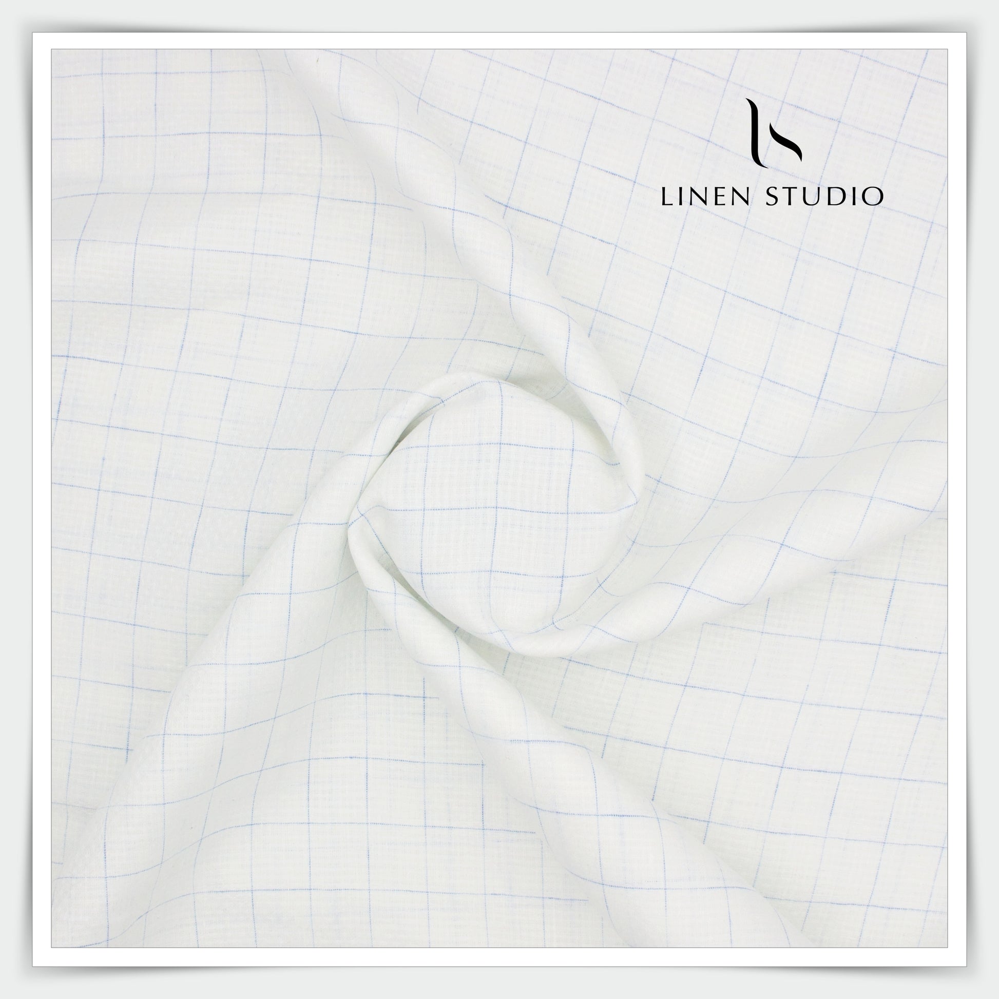 Linen Vogue 70 Lea Shirting - White Dobby Blue Checks (zoom in) - Linen Studio