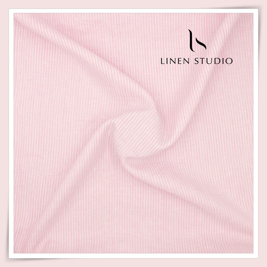 Linen Club 60 Lea Pure Linen Shirting W/O SEL - White & Pink Classic Thin Stripes (30% SALE) (NEW)