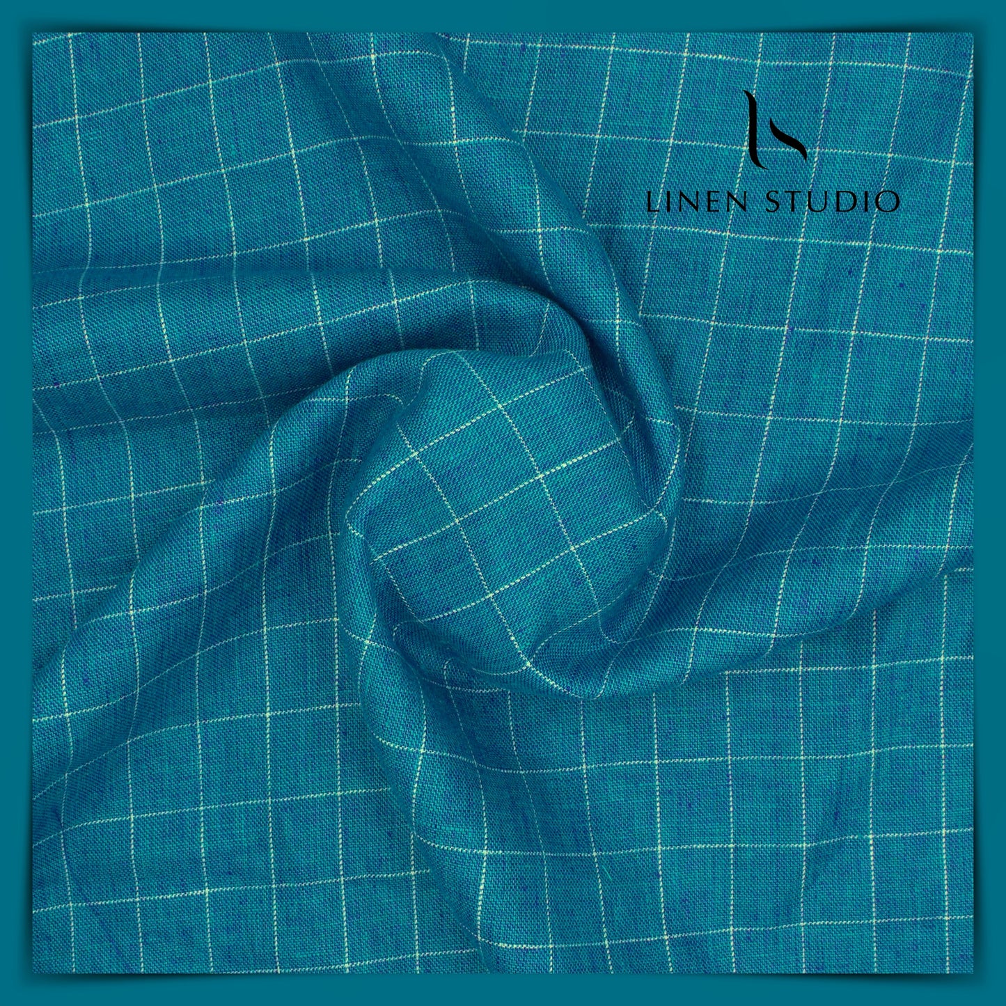 100% Pure Linen 40 Lea Suiting by Linen Fiesta - Ocean Cyan Blue Checks (NEW) (65% SALE)