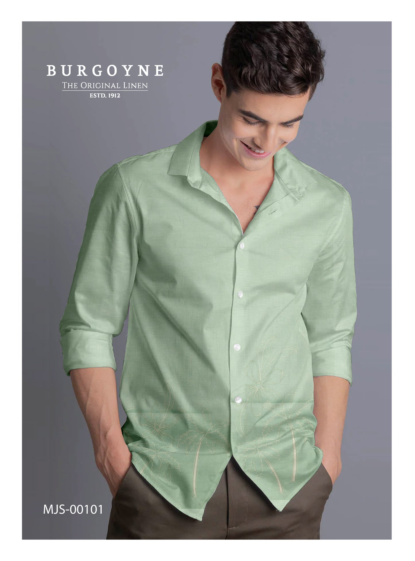 70 Lea Premium Linen Surface Embroidery Shirting by Burgoyne Ireland - Sage (NEW)