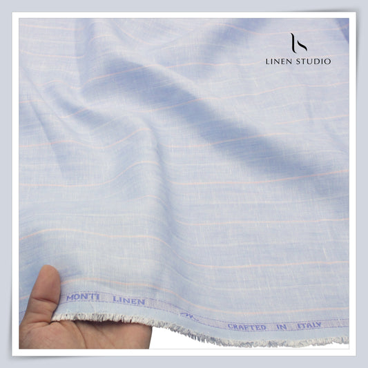 Tessitura Monti 70 Lea Shirting - Powder Blue with Peach Stripe (NEW) (Fastest Selling)