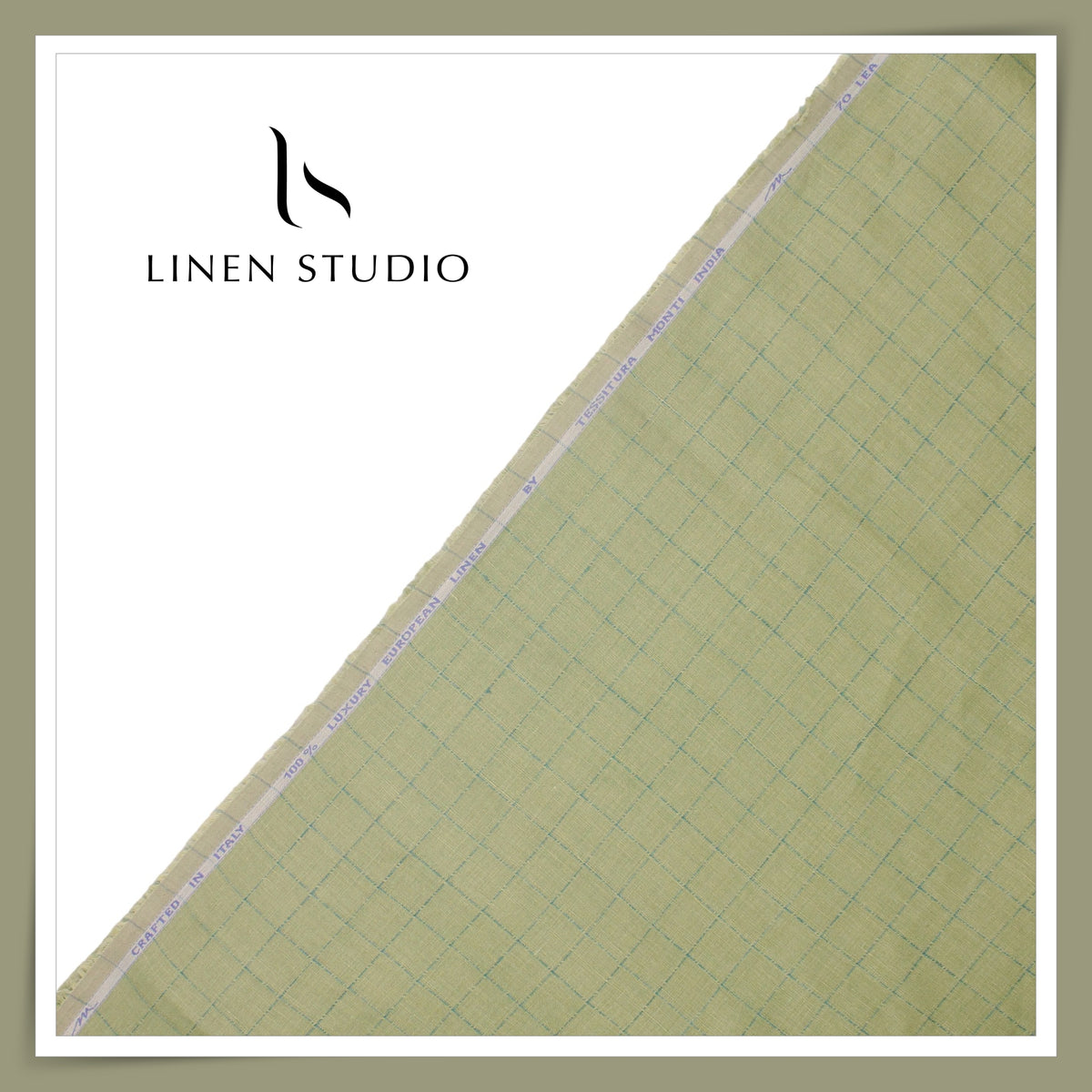 Tessitura Monti 70 Lea Shirting - Green with Blue Windowpane Check (NEW) (Fastest Selling)