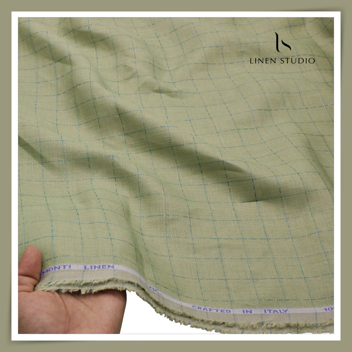 Tessitura Monti 70 Lea Shirting - Green with Blue Windowpane Check (NEW) (Fastest Selling)