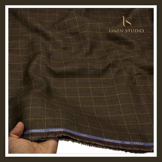 Tessitura Monti 70 Lea Shirting - Olive Brown with Mustard Check (NEW) (Fastest Selling)