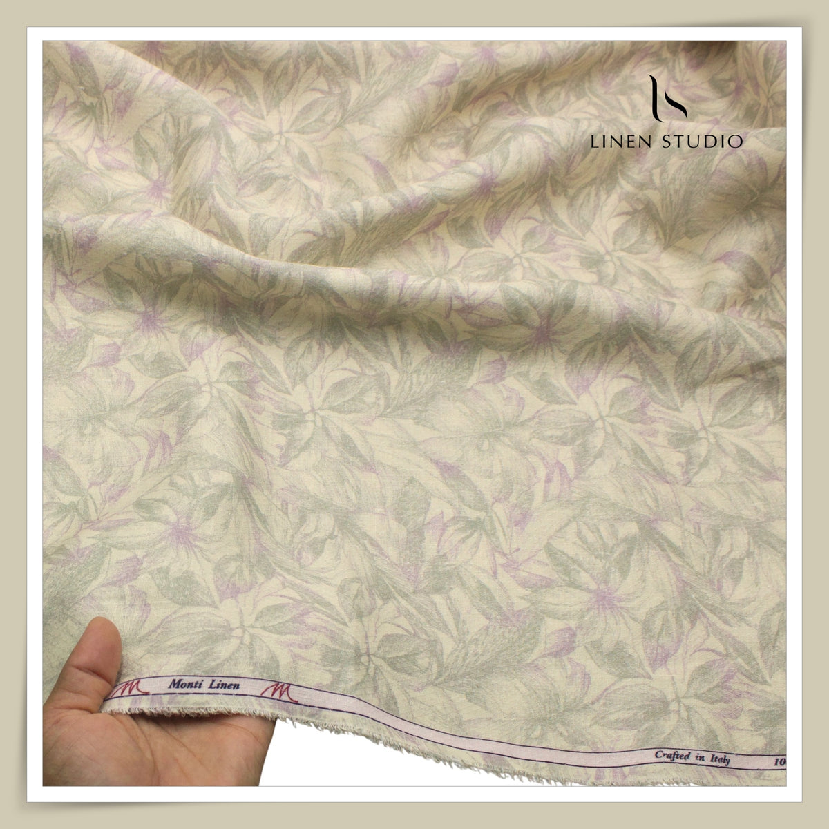 Tessitura Monti 70 Lea Linen Digital Printed Shirting - Sage & Lilac Floral Jacquard (NEW) (Zoom In)
