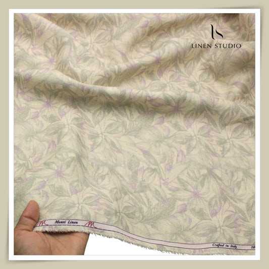 Tessitura Monti 70 Lea Linen Digital Printed Shirting - Sage & Lilac Floral Jacquard (NEW) (Zoom In)