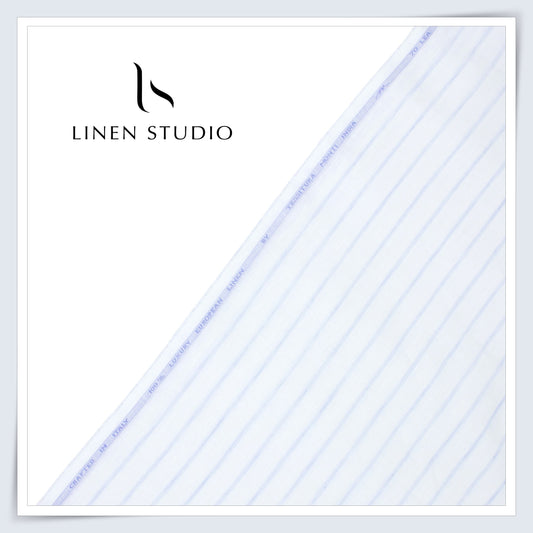 Tessitura Monti 70 Lea Shirting - White with Sky Blue Stripe (NEW) (Fastest Selling)