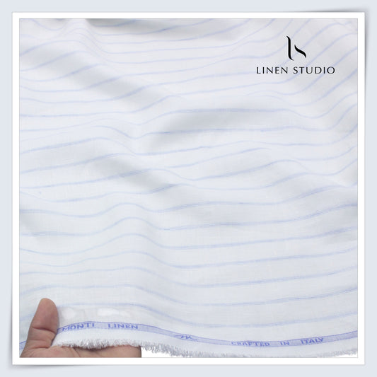 Tessitura Monti 70 Lea Shirting - White with Sky Blue Stripe (NEW) (Fastest Selling)