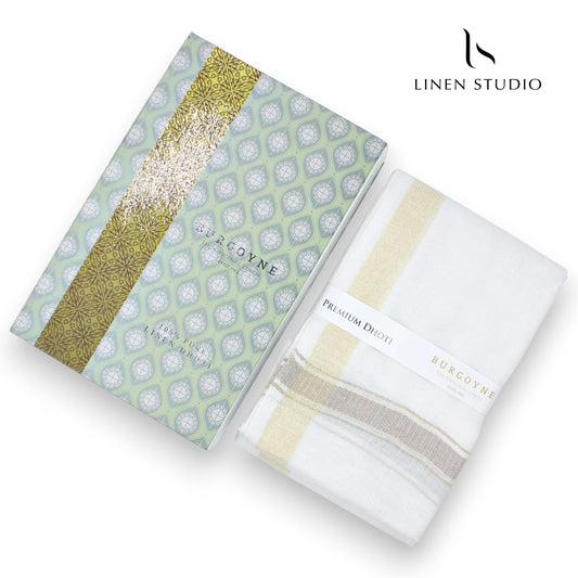 Oatmeal Gold Zari Border - Pure Linen Dhoti By Burgoyne