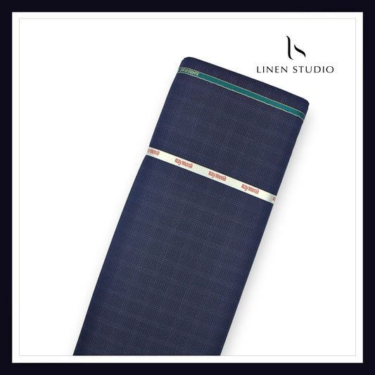 Raymond Superfine Sapphire Poly Wool Suiting - Blue Dobby Checks (NEW) (Premium)