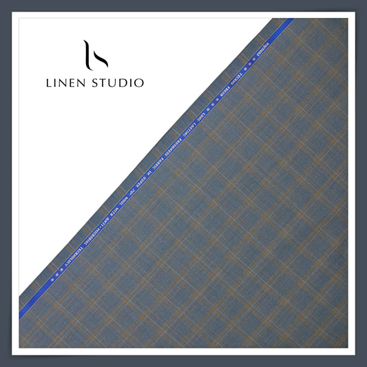 Raymond Poly Wool Blended Suiting - Slate Blue Checks (NEW) (Premium)