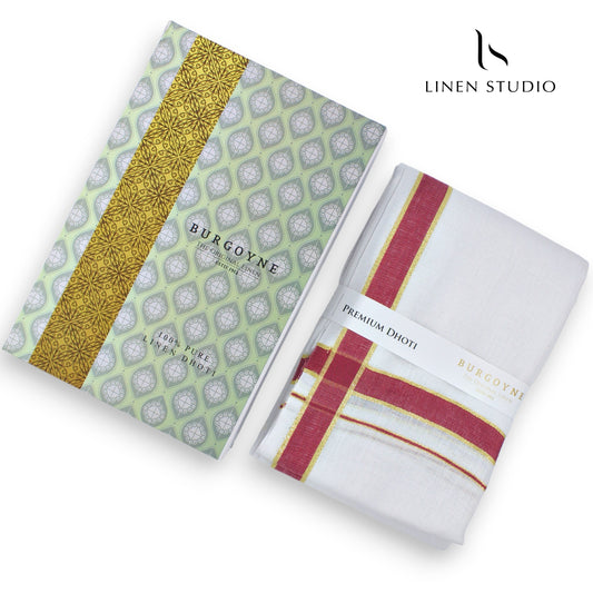 Golden Red Border - Pure Linen Dhoti By Burgoyne - Linen Studio