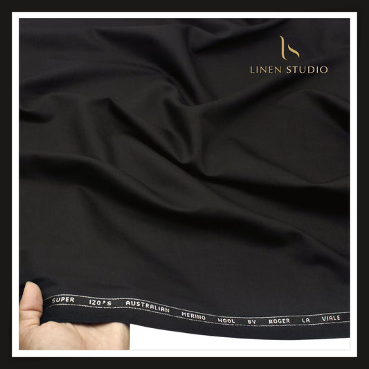Roger La Viale 100% Pure 120's Australian Merino Wool Suiting - Deep Black Plain (NEW)