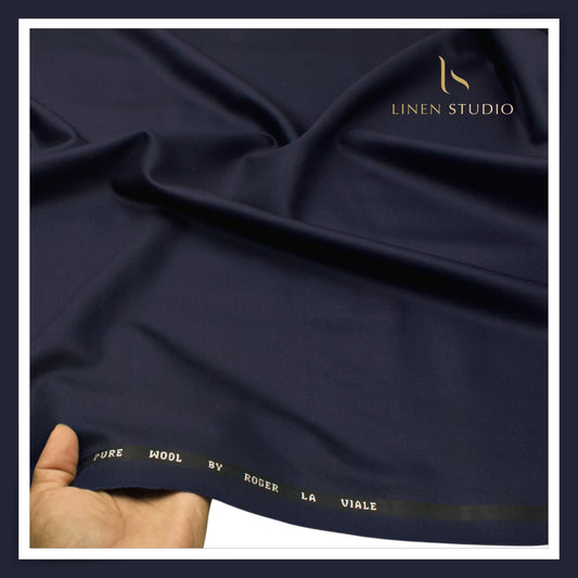 Roger La Viale 100% Pure 120's Australian Merino Wool Suiting - Navy Blue Plain (NEW) (Last Few Mtrs)