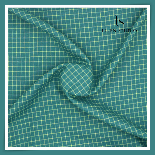 Burgoyne 60 Lea Pure Linen Shirting - Cyan Green Checks (NEW)