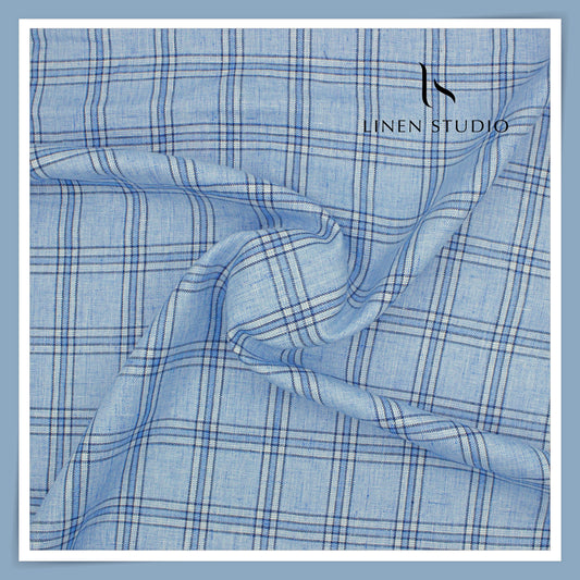100% Pure Linen 40 Lea Suiting by Linen Fiesta - Classic Blue Checks (NEW)