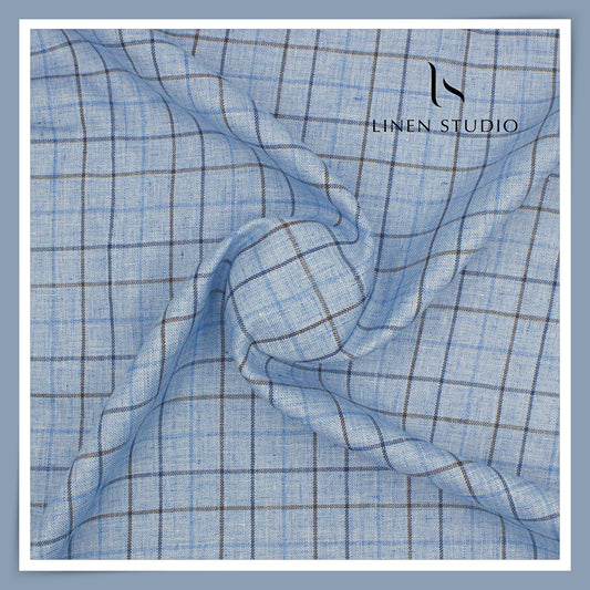 100% Pure Linen 40 Lea Suiting by Linen Fiesta - Fancy Blue Checks (NEW)