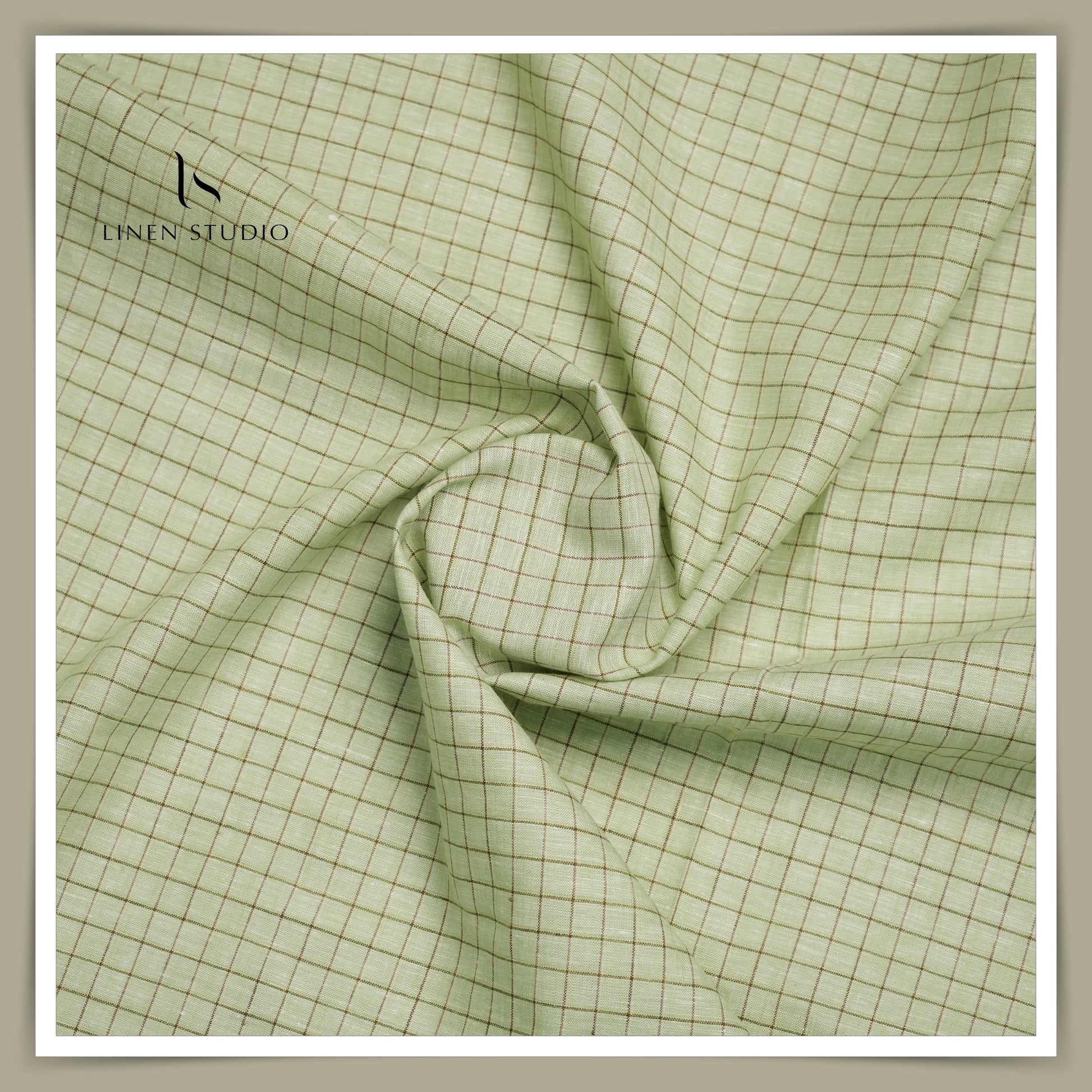 60 Lea European Linen Shirting - Pista Green Checks - Linen Studio