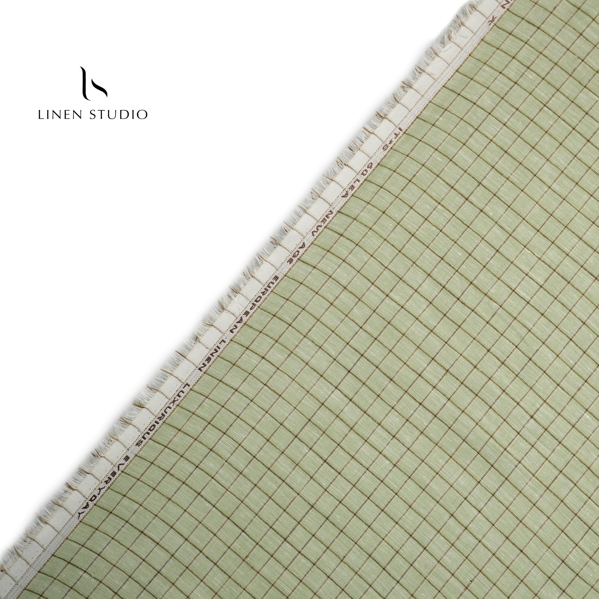 60 Lea European Linen Shirting - Pista Green Checks - Linen Studio