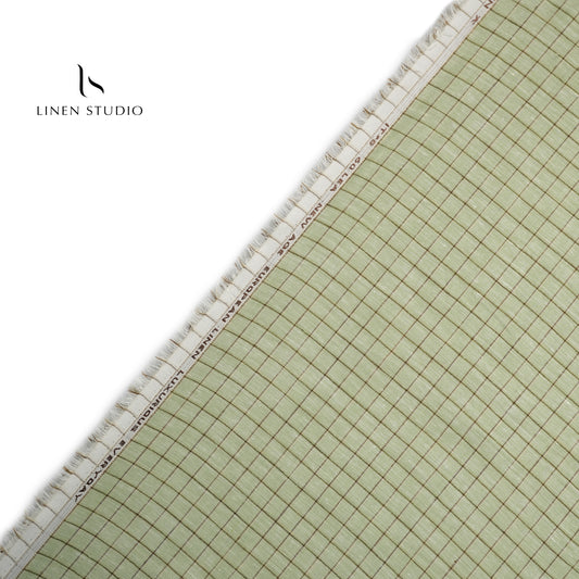 60 Lea European Linen Shirting - Pista Green Checks - Linen Studio