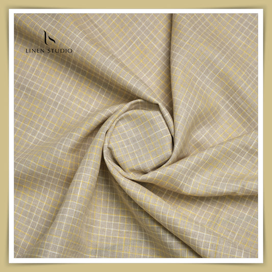 60 Lea European Linen Shirting - Natural With Golden Checks - Linen Studio