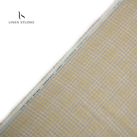 60 Lea European Linen Shirting - Natural With Golden Checks - Linen Studio