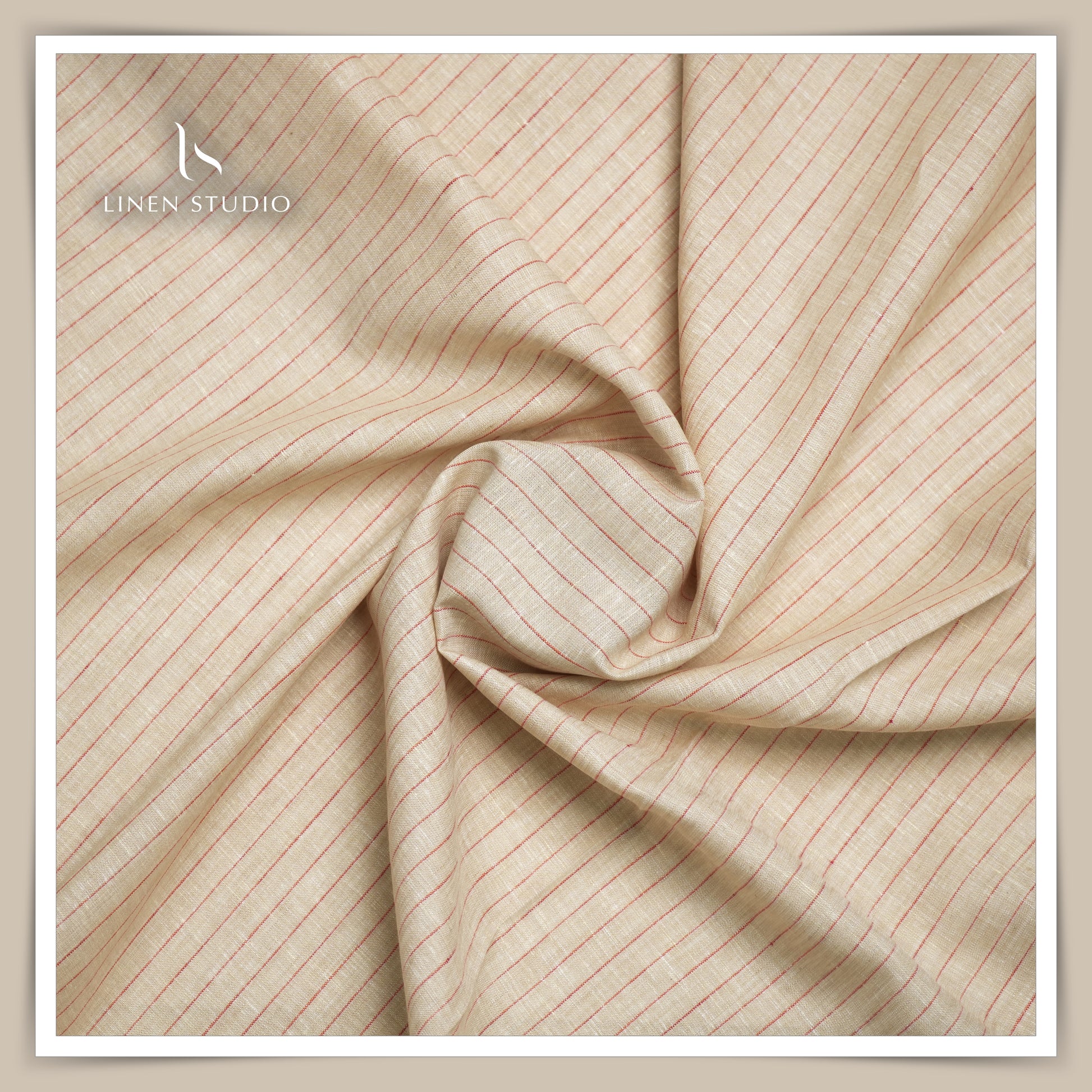 60 Lea European Linen Shirting - Wheat With Red Stripes - Linen Studio