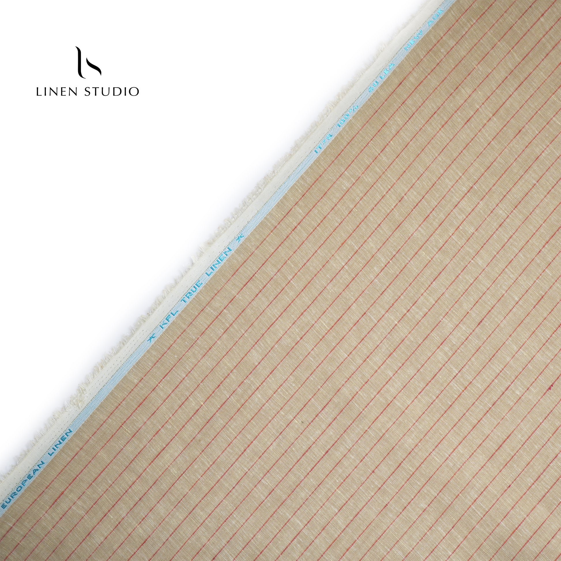 60 Lea European Linen Shirting - Wheat With Red Stripes - Linen Studio