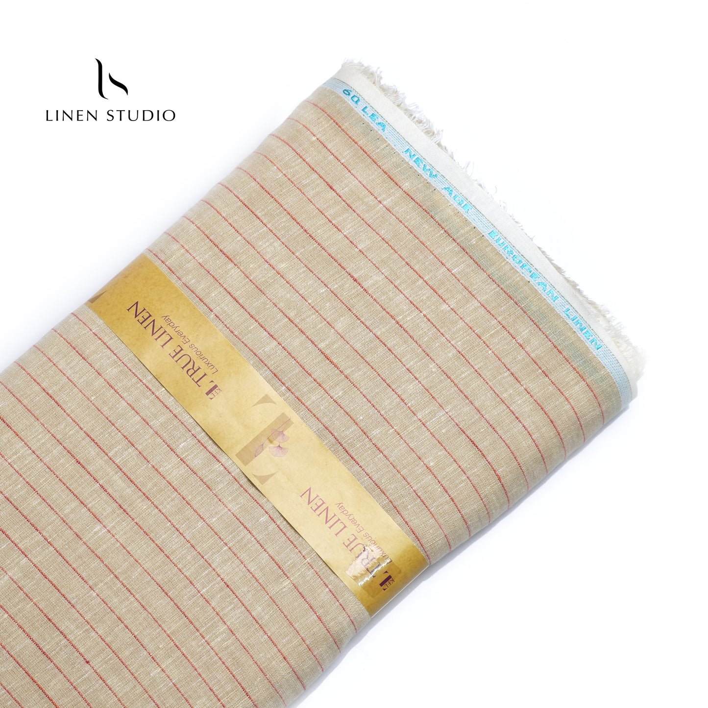60 Lea European Linen Shirting - Wheat With Red Stripes - Linen Studio