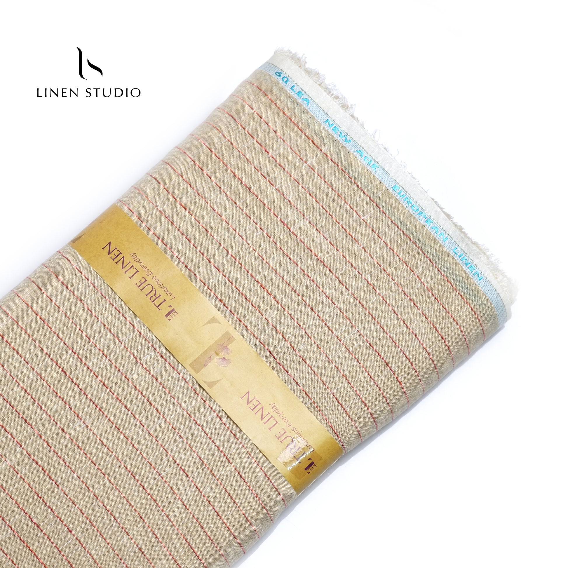 60 Lea European Linen Shirting - Wheat With Red Stripes - Linen Studio