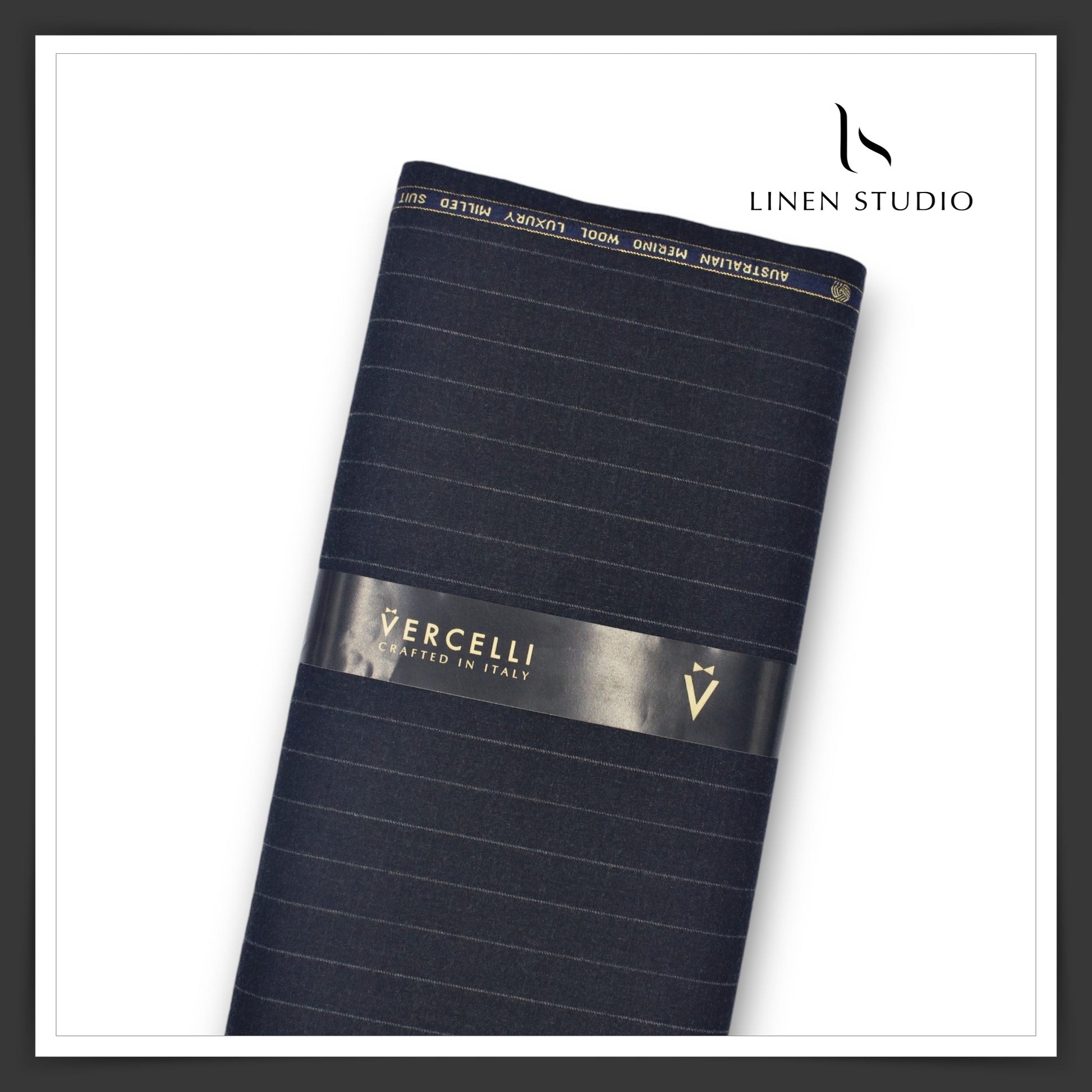 Super 120's Australian Merino Wool by Vercelli - Black with White Stripes - Linen Studio