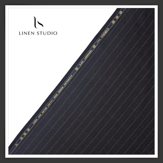Super 120's Australian Merino Wool by Vercelli - Black with White Stripes - Linen Studio